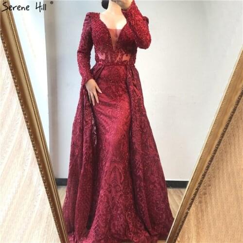 Dubai Wine Red Long Sleeves Evening Dresses 2020 V-Neck Crystal Lace Sexy Mermaid Evening Gowns Plus Size LA70159