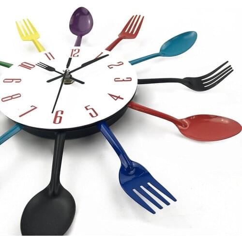 GTBL Kitchen Wall Clock, 3D Removable Modern Creative Cutlery Kitchen Spoon Fork Wall Clock Mirror Wall Decal Wall Sticker Room