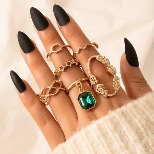 Docona 6pcs/set Luxury Green Crystal Star Ring Sets for Women Hollow Geometry Flowers Gold Ring Bohemian Jewelry Anillos 18661