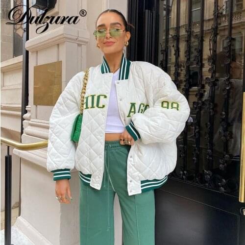 Dulzura 2021 Autumn Winter Women Letter Embroidery Baseball Cotton Padded Jacket Diamond Loose Oversized Casual Outerwear Coats