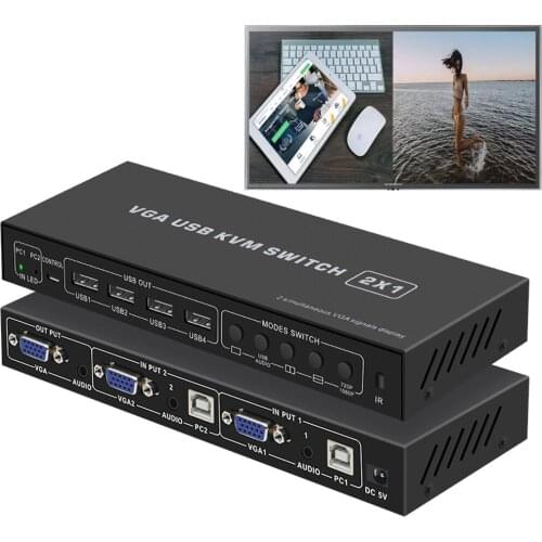 VGA MultiViewer 2X1 with KVM Function 1080P 3-in-1 VGA KVM Switcher with audio for PC laptop Monitor