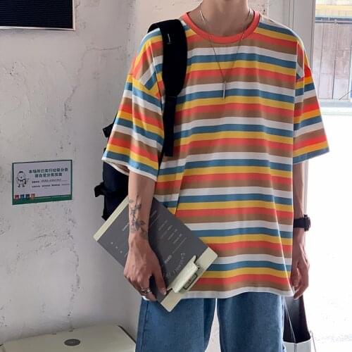 Harajuku 2020 Hot Striped Short Sleeves T Shirt Men All-Match Fashion Summer Clothes Hit Color Brief Hip Hop Casual Streetwear