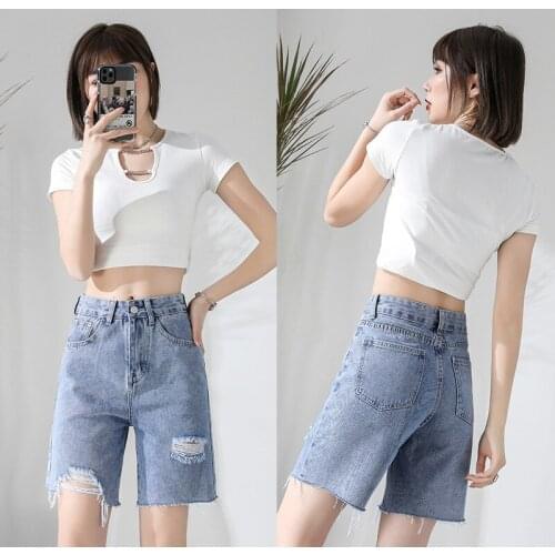 New Fashion Summer Woman High Waist Sexy Female Ripped Five-point Denim Shorts Short Jeans