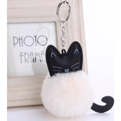 New Cat Keychain Pompon Key chain Fluffy Artificial Rabbit Fur Ball Key Rings Women Bag Car Charm Pendant pom pom holder