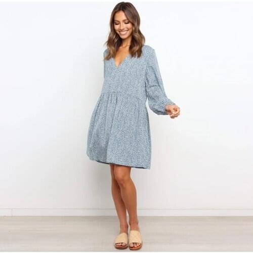 Autumn New Womens V-neck Long-sleeved Loose-fitting Pleated Print Dress Pregnancy Clothes
