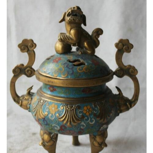 Song voge gem S2297 12" Marked China Bronze Gild Cloisonne Lion Elephant Head Incense Burner Censer