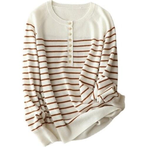 SHUCHAN Women Clothes 2021 Korean Fashion Spring Single Breasted Striped Button Casual Cashmere Sweater Women Pullover