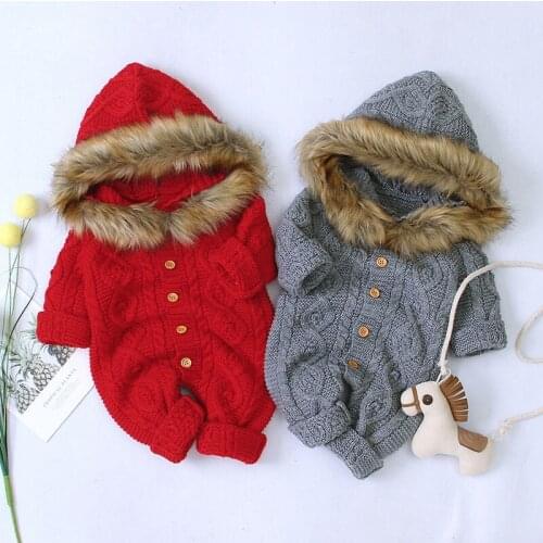 Newborns Knitted Rompers 2020 Autumn Winter Childrens Hooded Woolen Neck Knit Sweater Onesie Cute Baby Boys and Girls Clothes