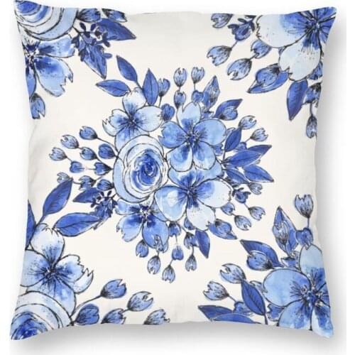 Vintage Blue Flowers Throw Pillow Cover Home Decorative Square Blue Delft Ethnic Floral Cushion Cover 40x40 for Living Room