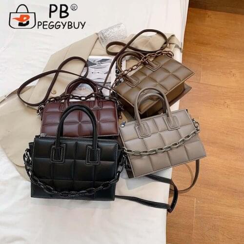 Vintage Checker Pattern Womens Shoulder Crossbody Bag with Thick Acrylic Chain Fashion PU Leather Solid Color Small Handbags