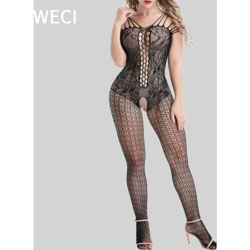 WECI Women Sexy Plus Size Lingere Porno Open Crotch Garter Belt Tights Transparent Hollow Long Mesh Pantyhose Full Body Stocking