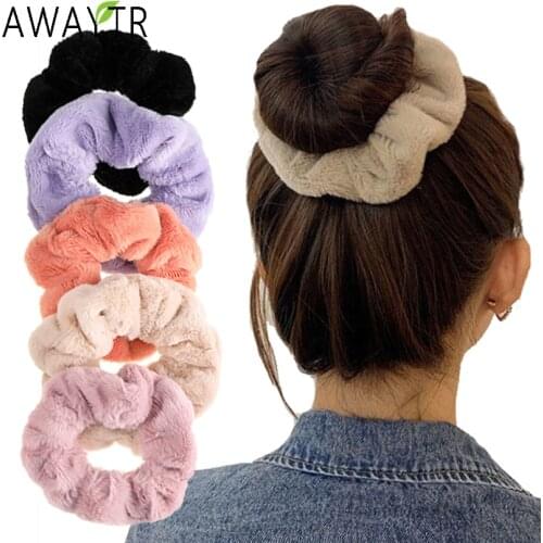 AWAYTR Flannel Scrunchies Plush Elastic Hairbands Women Headband Girls Ponytail Holder Hair Band Rubber Tie Bow Hair Accessories