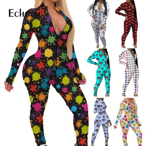 Echoine Womens Sexy Home Onesies Sleepwear zipper Print long Sleeve V Neck Bodycon Jumpsuit Bodysuit Romper trousers Overalls