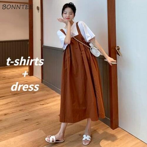 Sets Women Solid O-neck Stylish Simple T-shirts Loose All-match Bandage Dress Female Summer Causal Two Piece Chic Streetwear BF