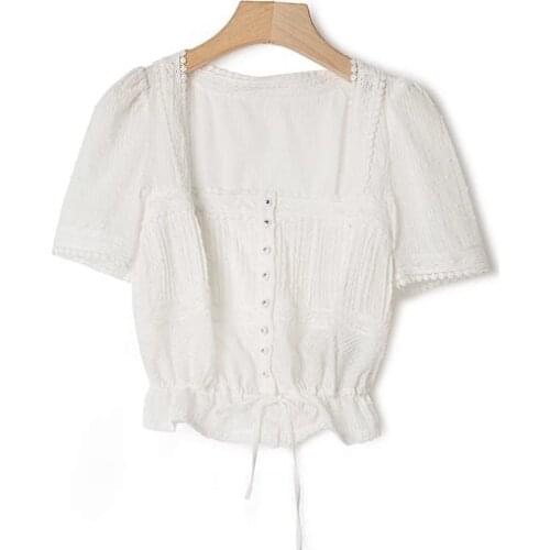 Ladies Short Sleeve Square Neck Lace Patchwork Top