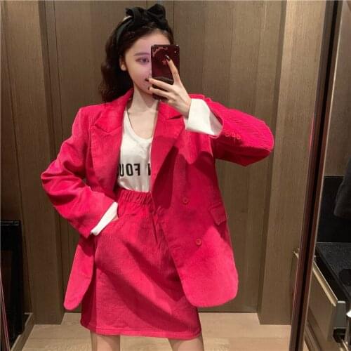 2021 Women Autumn Rose Red Corduroy Blazer Two Piece Set Double Breasted Suits With Mini skirt