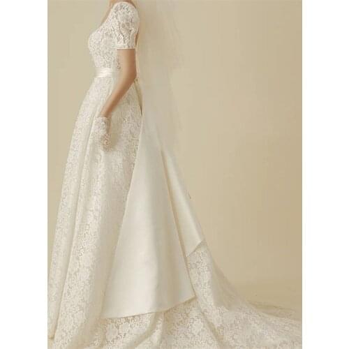 Se Neck Korea Style Sweep Train Wedding Dress Elegant Lace A-Line Bowtie Back Bride Gowns vestidos de mairee Wedding Dress