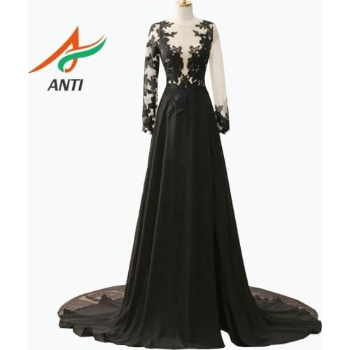 ANTI Elegant Black Long Evening Dress 2019 With Long Sleeve robe de soiree O-Neck Appliques Formal Party Gowns For Woman Custom