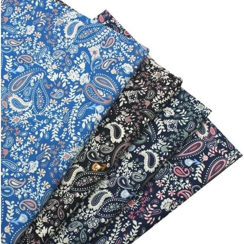 Poplin 100% Cotton Fabric BLACK Retro BLUE DARK NAVY Paisley White Flower for DIY Summer Clothes Dress Shirt Blouse Craft Decor