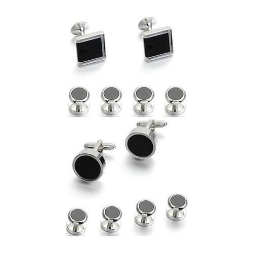 5Sets/lot Classic Black Onyx Tuxedo Cufflinks Collar Studs 6pcs Set Business Square/Round Cuff Links Stud Set Mens Jewelry