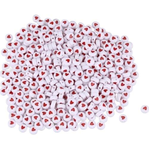 500PCs White Red Love Heart Acrylic Flat Round Beads 7mm(2/8 inch) Dia