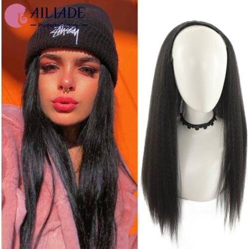 AILIADE 60CM Long Kinky Straight Synthetic Hair Extensions Clips in High Temperature Fiber Black Brown Hairpiece