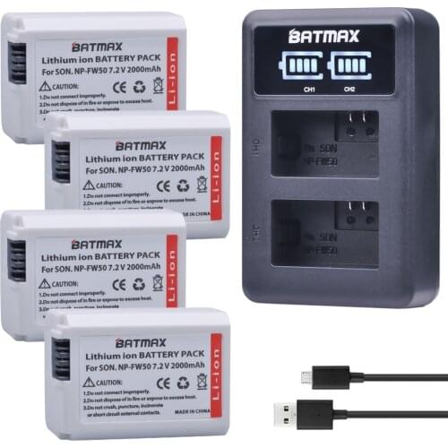Batmax 4Pcs 2000mAhNP FW50 NPFW50 NP-FW50 Battery + LED Charger for SONY NEX 5T 5R 5TL A7R A7 F3 3N 3CA55 A37 A5000 A6000 A55