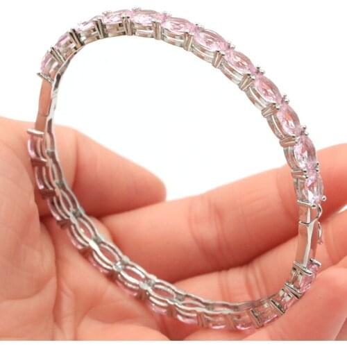 Gorgeous Created Pink Kunzite SheCrown Womans Silver Bangle Bracelet 7.5" 64x5mm
