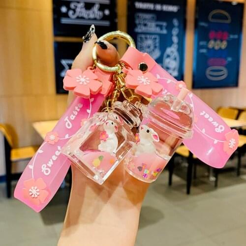 Cartoon Drifting Bottle Keychain Floating Milk Bottle Rabbit Doll Charm Key chain Womens Car Bag Key Ring Gifts Accessories
