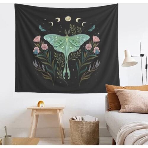 Moon Flower Butterflies Tapestry Wall Hanging Tapestry Boho Celestial Floral Aesthetic Black Art Blanket For House Decoration