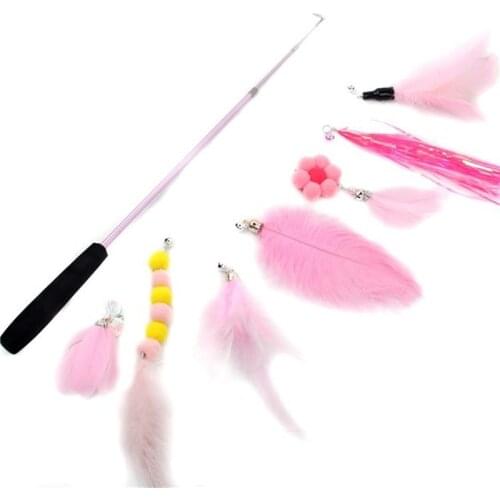 8PC Replacement Cat Feather Toy Cat Stick With Bell Cat Feather Teaser Wand Pet Kitten Interactive Toy Retractable Fishing Road
