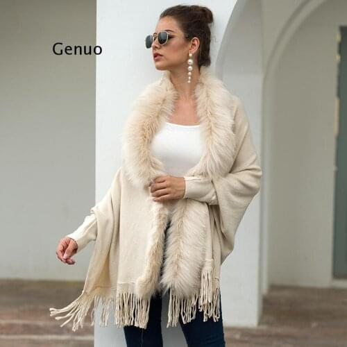 Fake Fur Collar Cardigan Poncho Tassel Solid Coat 2021 Women Casual Loose Shawl