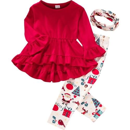 Kids Baby Girls Christmas Three-piece Clothes Set, Round Collar Pullover, Santa Claus Printed Pattern Pants and Headdress 18M-6T
