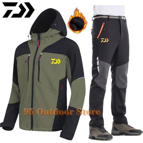 Daiwa Men Waterproof Softshell Fleece Jackets and Pant Outdoor Trekking Camping Hiking Sets Winter Windproof Climb Fishing Suits
