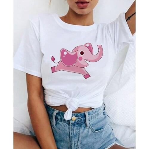 Kawaii Elephant Print Short Sleeve Round Neck Harajuku Ulzzang Female T shirts Clothing Camisas Mujer Women T shirt