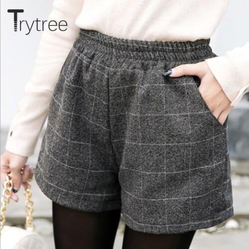 Trytree 2020 Autumn Winter Casual Woman Shorts Plaid Thick Blends Tweed Elastic Waist Pockets Oversize Loose Wide Leg Shorts