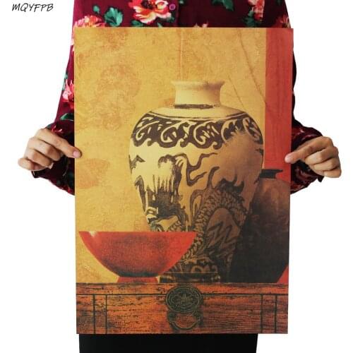 Hand Painted vases And Bowls Chinese Porcelain Retro Kraft Paper Poster Home Decoration Painting Wall Sticker 50.5x35cm