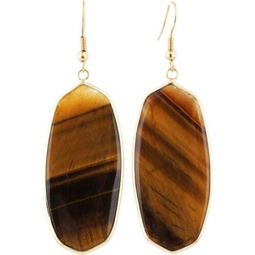 FYSL Light Yellow Gold Color Oval Shape Tiger Eye Stone Drop Earrings for Women Red Agates Jewelry