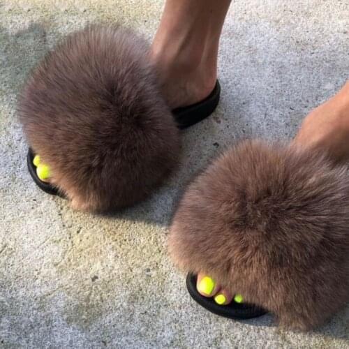Real Fox Fur Slides Slippers Lady Natural Raccoon Flip Flops Fluffy Fur Sandals Plush Shoes Amazing Present