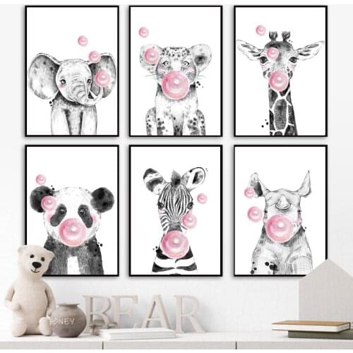 Nordic Poster Elephant Lion Giraffe Zebra Rhino Blowing Gum Nursery Wall Art Print Canvas Painting Decor Picture Baby Kids Room