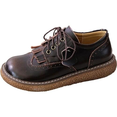Retro Lace-Up Thick-Sole Womens Shoes Handmade Big Head Doll Shoes Genuine Leather Tassel Mori Girl Literary Flats Casual Shoes