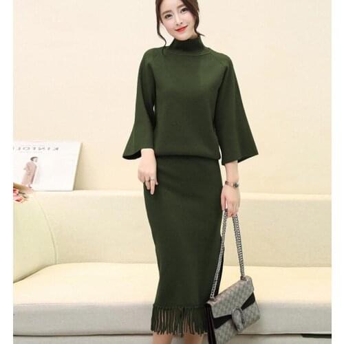 Knit bag hip suit skirt female two-piece 2018 autumn new sweater skirt seven-point sleeve high-end atmosphere two-piece