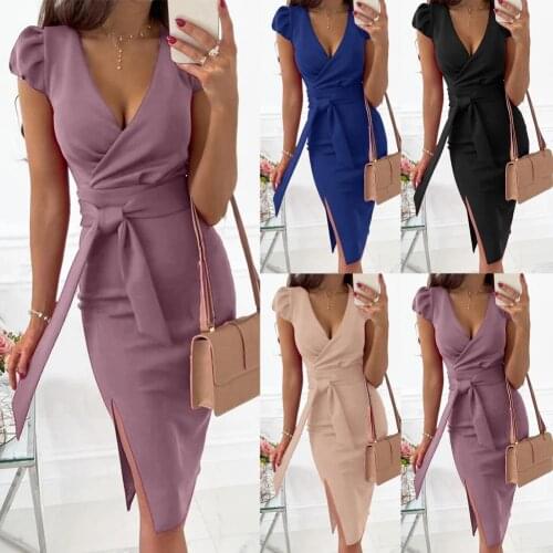 Lace-up Women Dress Deep V-neck All Match Puff Short Sleeve Split Midi Dress Sundress