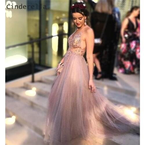 Cinderella Champagne V-Neck Sleeveless Crystal Beading Soft Tulle Evening Dresses Prom Party Gowns Evening Dresses