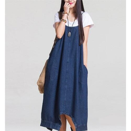 2017 Summer New Cowboy Dress Pure Color Women Loose Pure Color Denim Cotton Dress Cowboy Long Maxi Womens Clothing