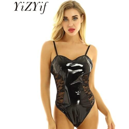 Women Wetlook Patent Leather Lingerie Bodysuits Double Zippered Crotch Thong Leotard Bodysuit Nightwear Sleepwear Sexy Clubwear