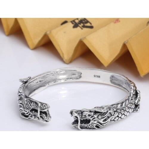 Handmade Thailand 925 Silver Dragon Bangle Vintage Sterling Silver Dragon Cuff Bracelet Real Pure Siver Good Luck Man Bracelet