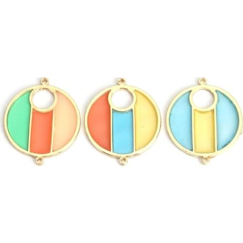 DoreenBeads Fashion Zinc Based Alloy Enamel Connectors Round Gold Light Blue Multicolor Hollow DIY Charms 27mm x 22mm, 5 PCs