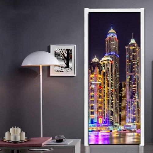 Door Mural Sticker PVC Vinyl Wallpaper 3D City Night View Modern Creative DIY Self-Adhesive Living Room Bedroom Door Stickers 3D