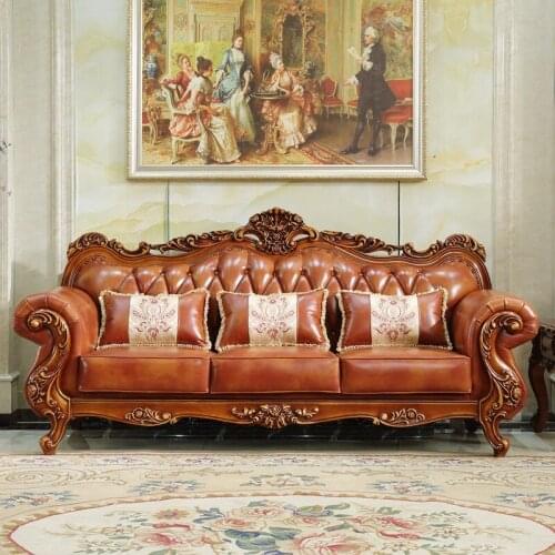 European 123 American style solid wood carved sofa combination living room large and small luxury leather